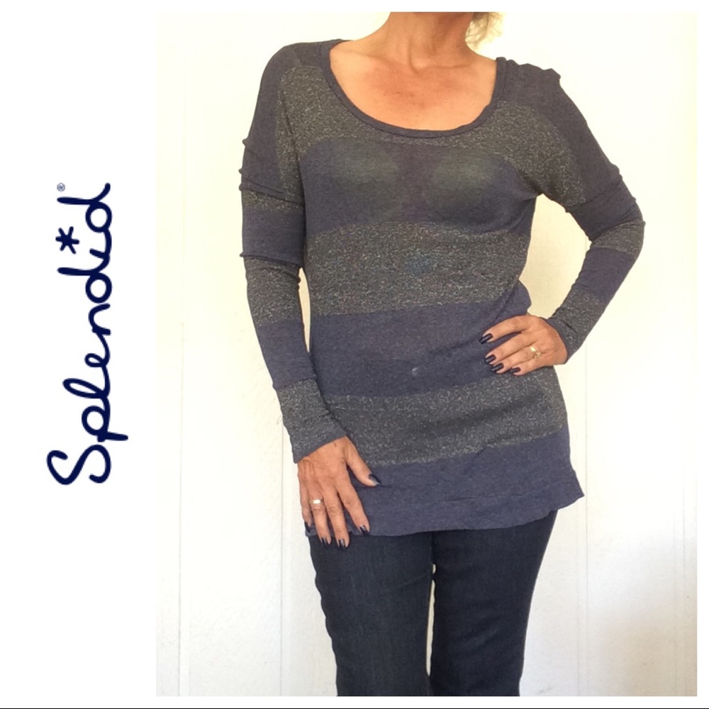 SPLENDID LONG SLEEVE LAYERING STRIPED BURNOUT TOP SMALL
